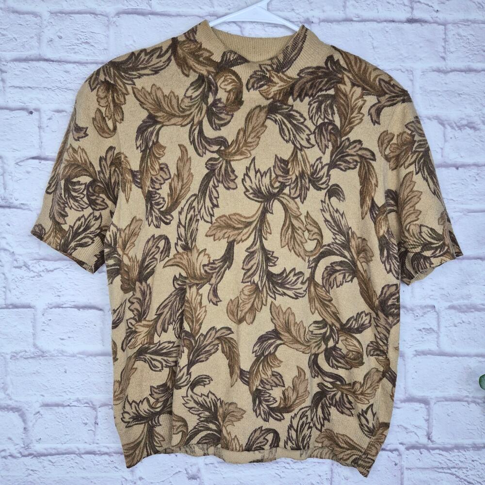 Vintage Nina Leonard XL Lambswool Angora Leaf Tapestry Short Sleeve Sweater Fall